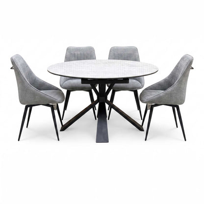 'Crete' Ceramic Top Round Swivel Extending Dining Table with Dark Grey Fabric Swivel Dining Chairs - Set of 4