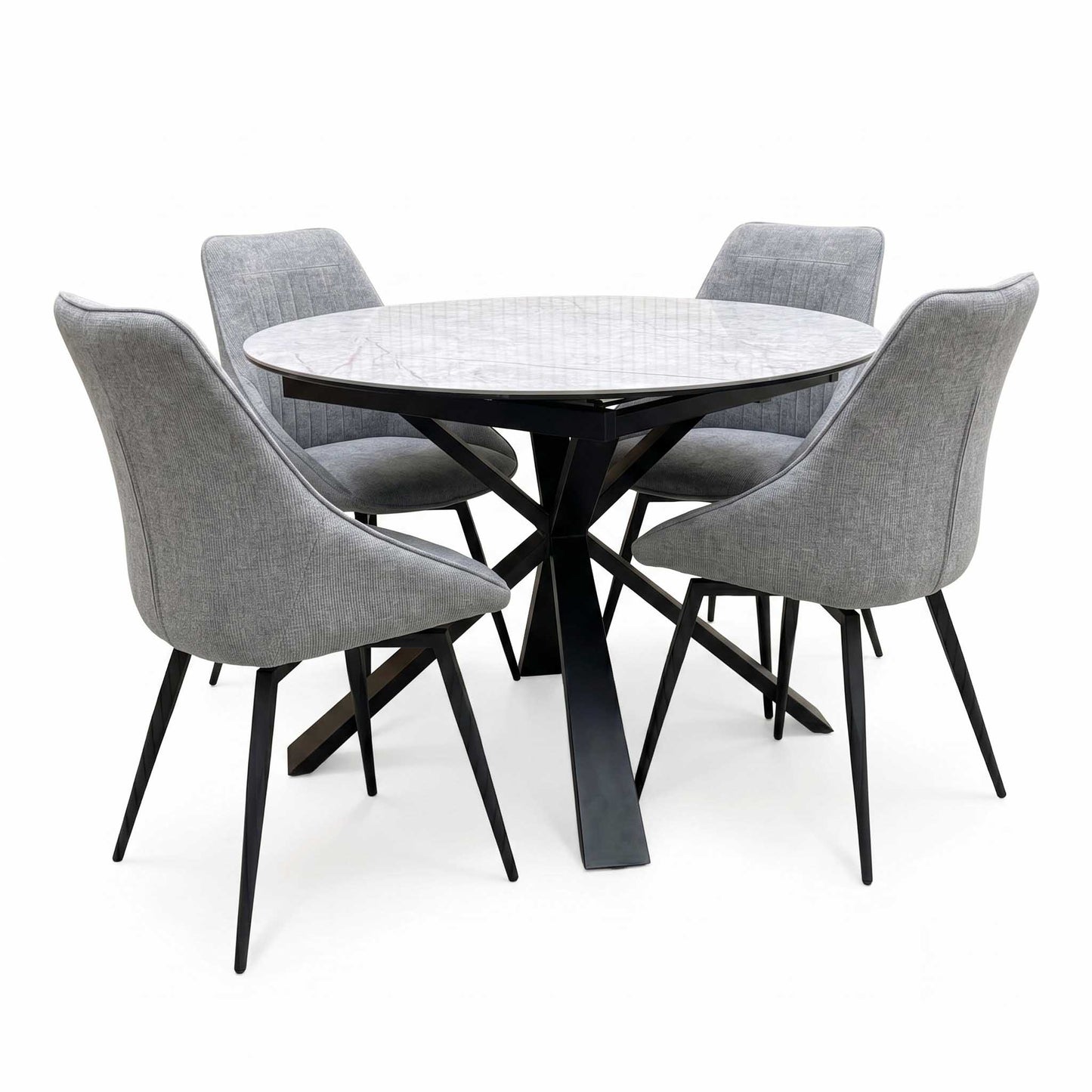 'Crete' Ceramic Top Round Swivel Extending Dining Table with Dark Grey Fabric Swivel Dining Chairs - Set of 4