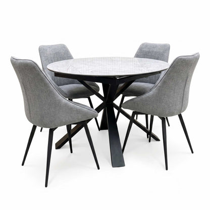 'Crete' Ceramic Top Round Swivel Extending Dining Table with Dark Grey Fabric Swivel Dining Chairs - Set of 4