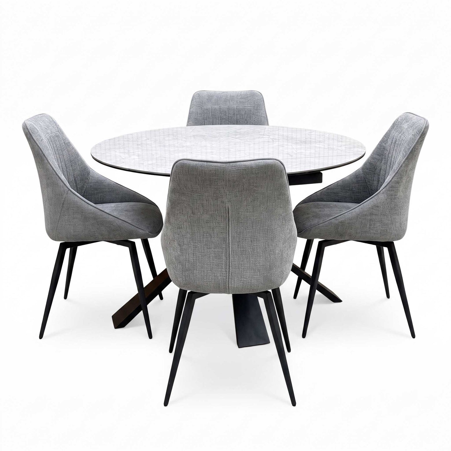 'Crete' Ceramic Top Round Swivel Extending Dining Table with Dark Grey Fabric Swivel Dining Chairs - Set of 4