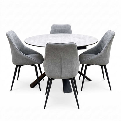 'Crete' Ceramic Top Round Swivel Extending Dining Table with Dark Grey Fabric Swivel Dining Chairs - Set of 4