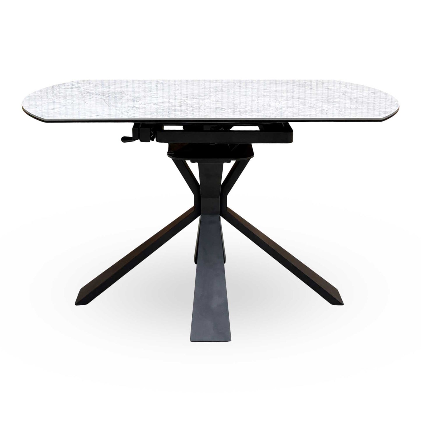 'Crete' Ceramic Top Round Swivel Extending Dining Table with Dark Grey Fabric Swivel Dining Chairs - Set of 4