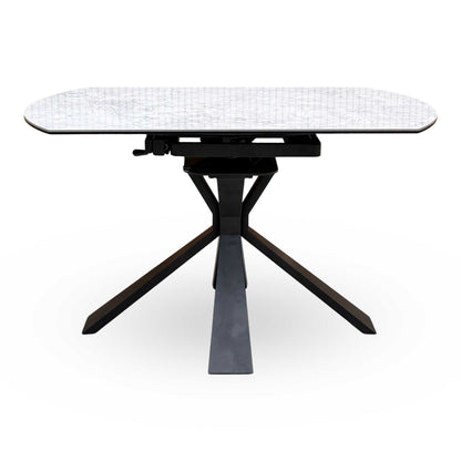 'Crete' Ceramic Top Round Swivel Extending Dining Table with Dark Grey Fabric Swivel Dining Chairs - Set of 4