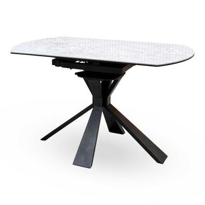'Crete' Ceramic Top Round Swivel Extending Dining Table with Dark Grey Fabric Swivel Dining Chairs - Set of 4