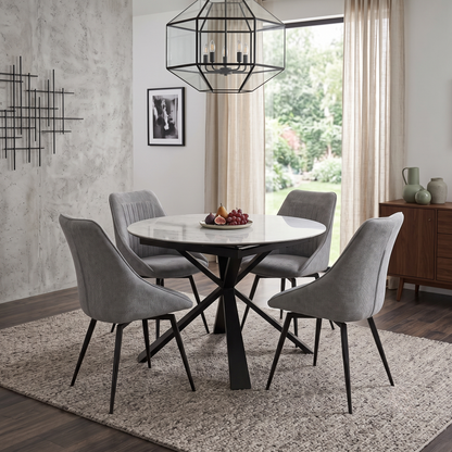 'Crete' Ceramic Top Round Swivel Extending Dining Table with Dark Grey Fabric Swivel Dining Chairs - Set of 4