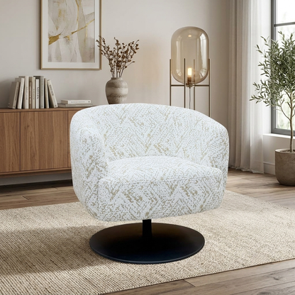 ‘Rhys’ White and Gold Patterned Fabric Swivel Accent Chair