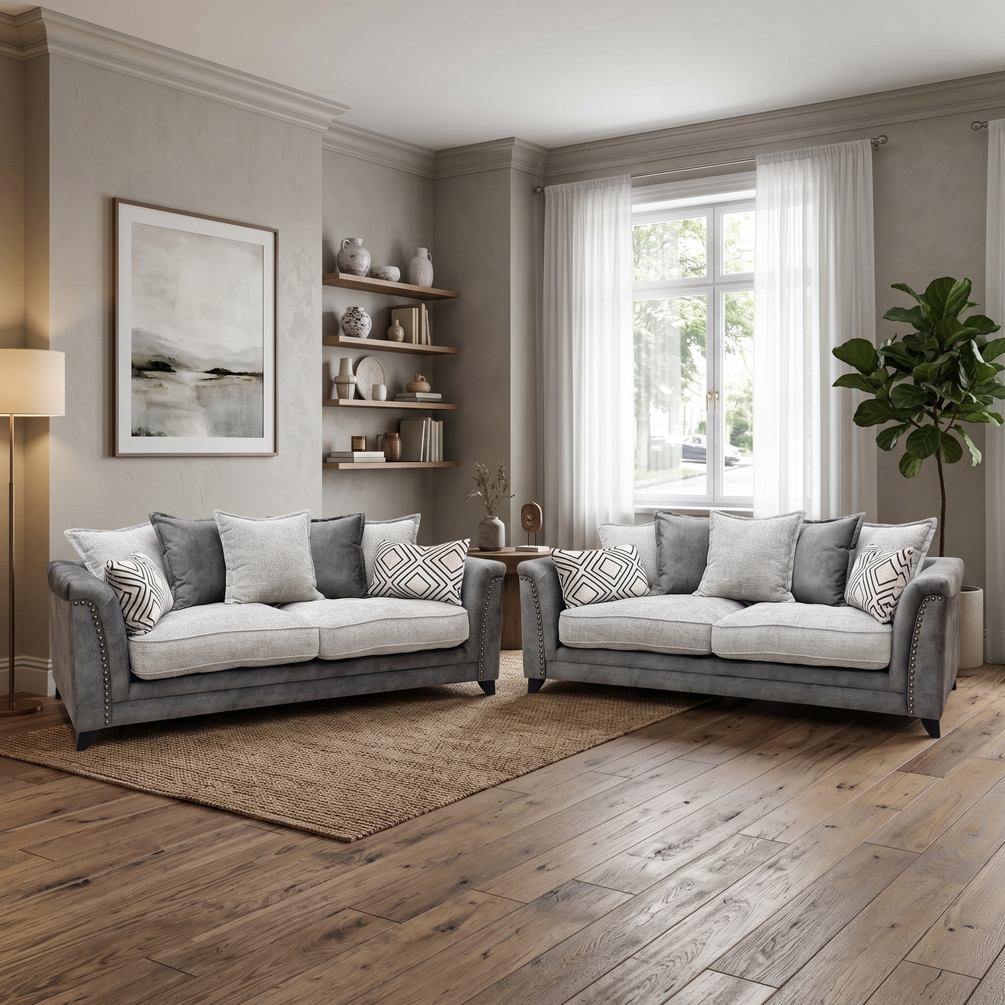 ‘Laura’ Dapple Moleskin Grey Woven Fabric : Suede Combination 4 + 4 Seater Scatter Back Sofa Set