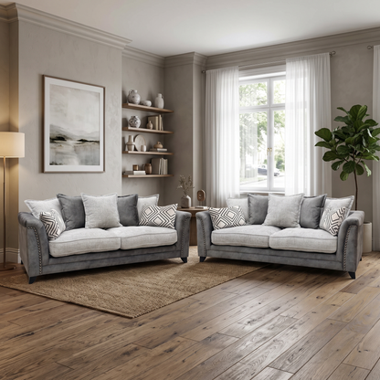 ‘Laura’ Dapple Moleskin Grey Woven Fabric : Suede Combination 4 + 4 Seater Scatter Back Sofa Set