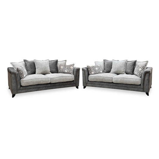 ‘Laura’ Dapple Moleskin Grey Woven Fabric : Suede Combination 4 + 4 Seater Scatter Back Sofa Set