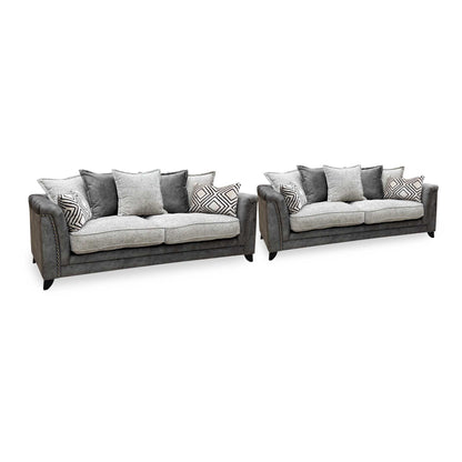 ‘Laura’ Dapple Moleskin Grey Woven Fabric : Suede Combination 4 + 4 Seater Scatter Back Sofa Set