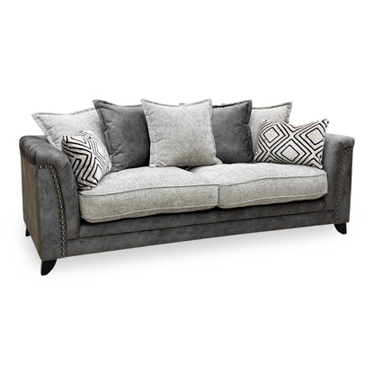 ‘Laura’ Dapple Moleskin Grey Woven Fabric : Suede Combination 4 Seater Scatter Back Sofa