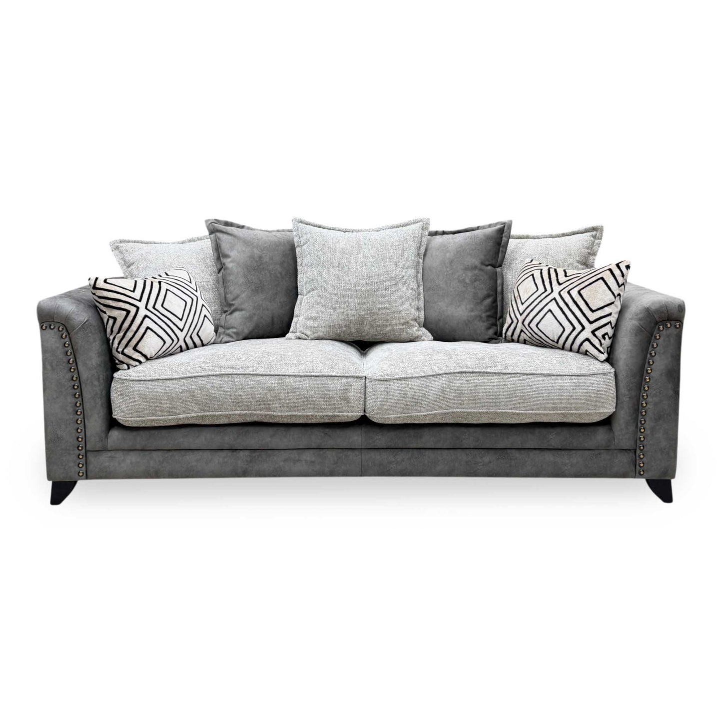 ‘Laura’ Dapple Moleskin Grey Woven Fabric : Suede Combination 4 Seater Scatter Back Sofa