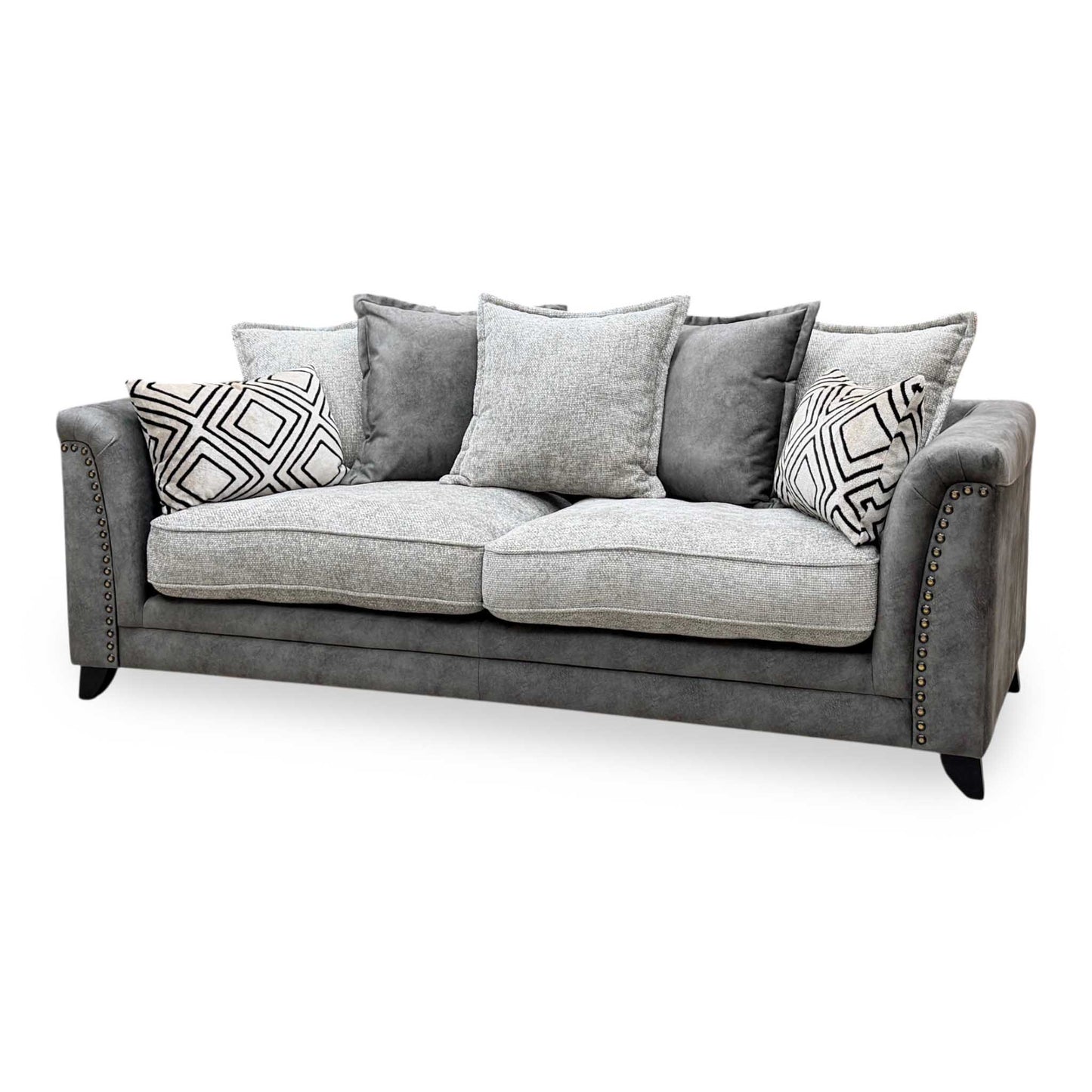 ‘Laura’ Dapple Moleskin Grey Woven Fabric : Suede Combination 4 Seater Scatter Back Sofa
