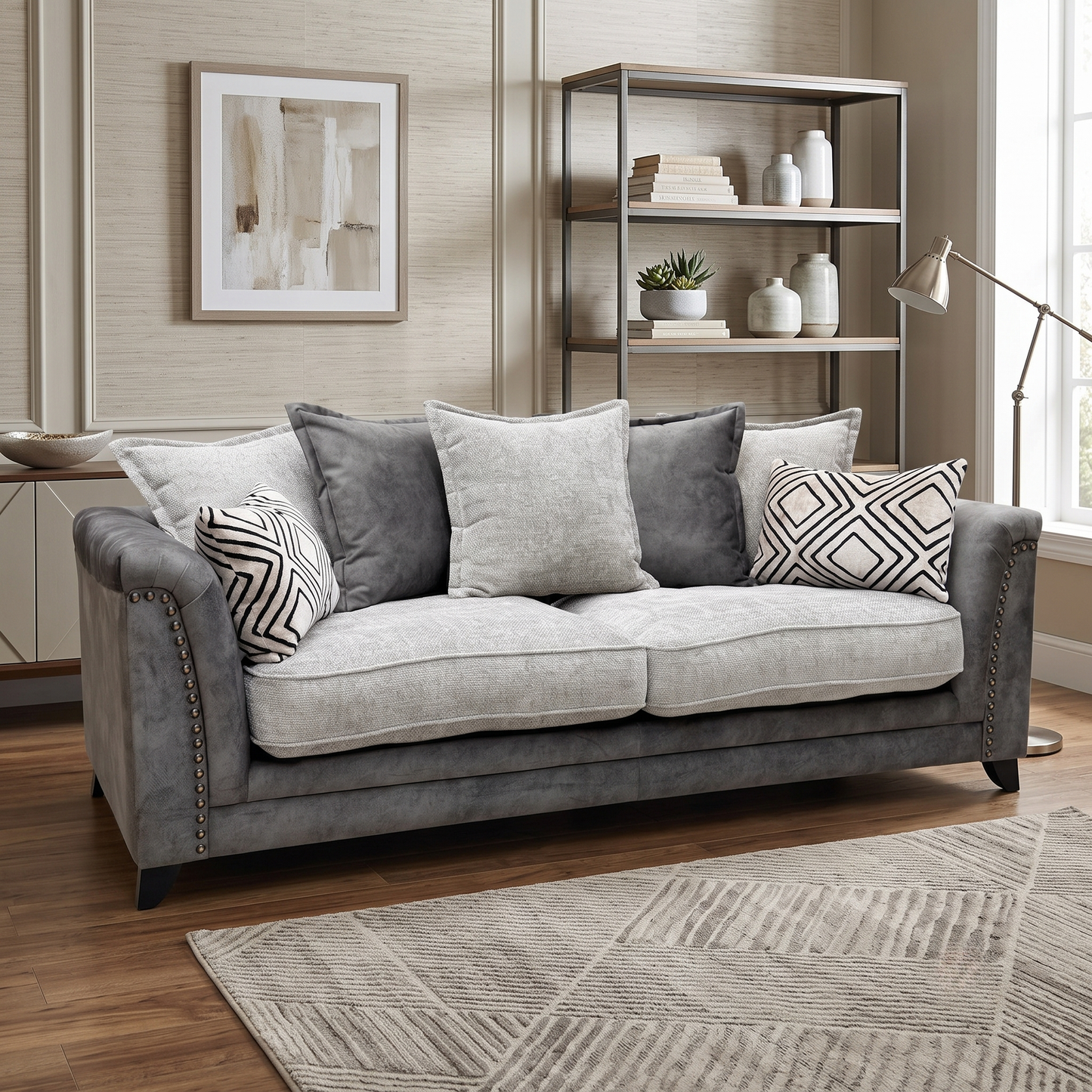 ‘Laura’ Dapple Moleskin Grey Woven Fabric : Suede Combination 4 Seater Scatter Back Sofa