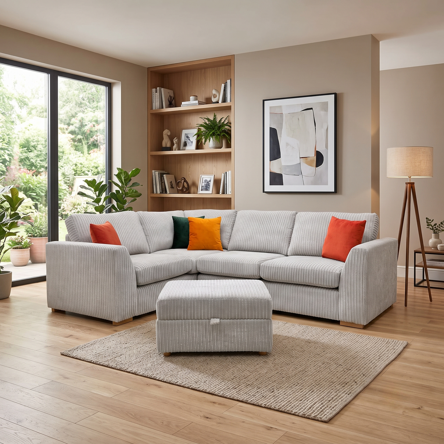 ‘Heydon’ Silver Marley Cord Fabric Right Hand Facing 2 Seater Corner Sofa + Storage Footstool