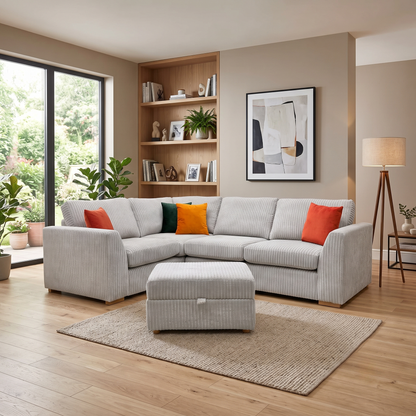 ‘Heydon’ Silver Marley Cord Fabric Right Hand Facing 2 Seater Corner Sofa + Storage Footstool