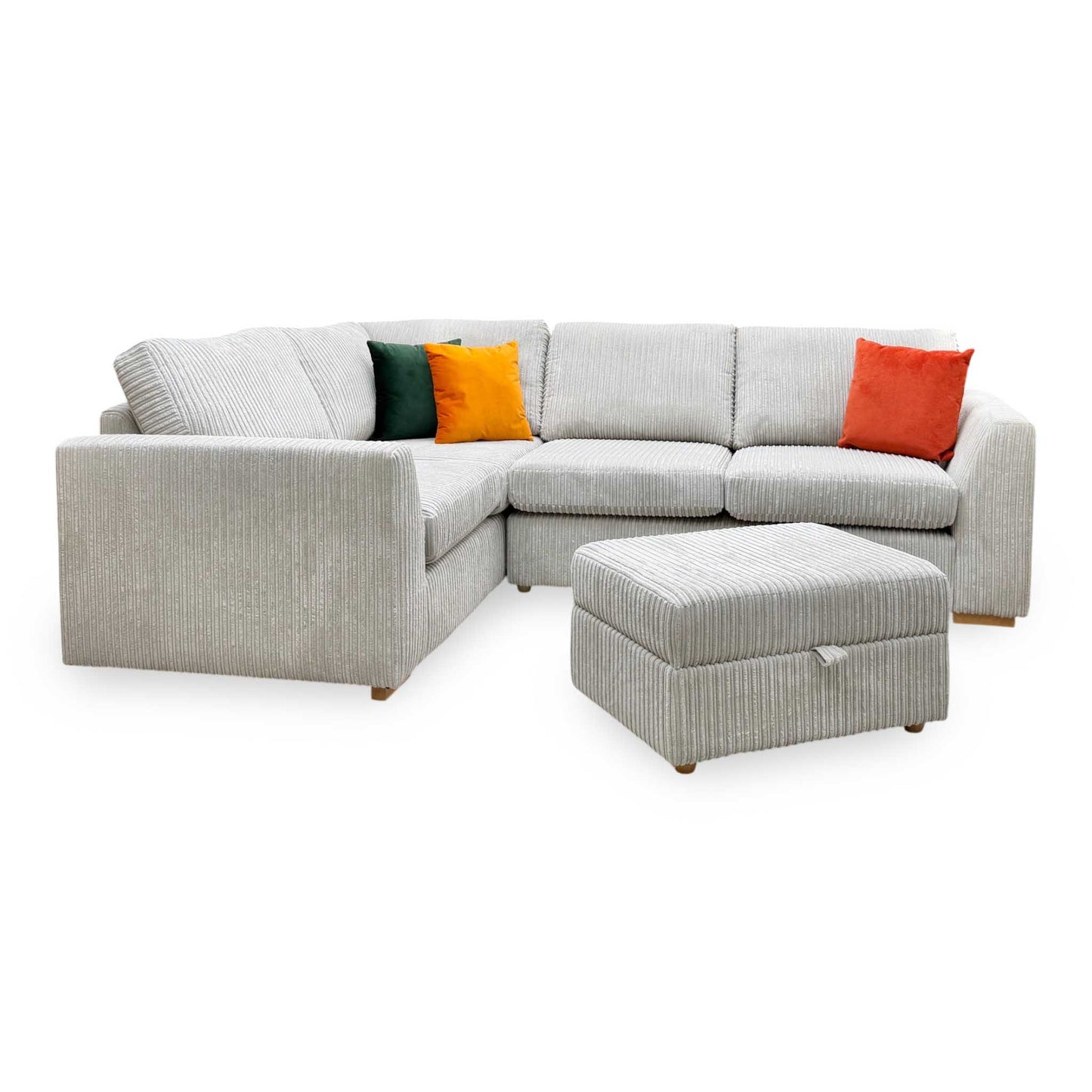 ‘Heydon’ Silver Marley Cord Fabric Right Hand Facing 2 Seater Corner Sofa + Storage Footstool