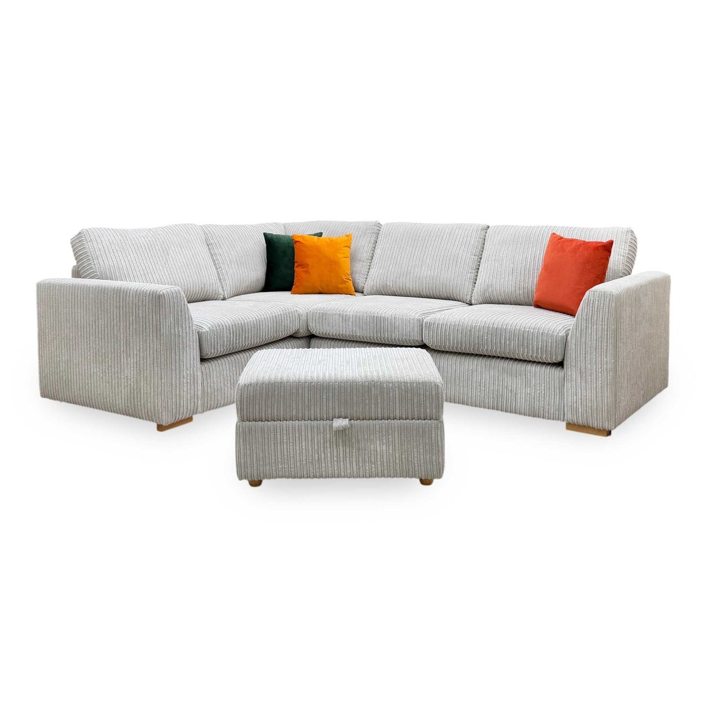 ‘Heydon’ Silver Marley Cord Fabric Right Hand Facing 2 Seater Corner Sofa + Storage Footstool