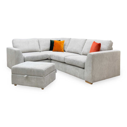 ‘Heydon’ Silver Marley Cord Fabric Right Hand Facing 2 Seater Corner Sofa + Storage Footstool
