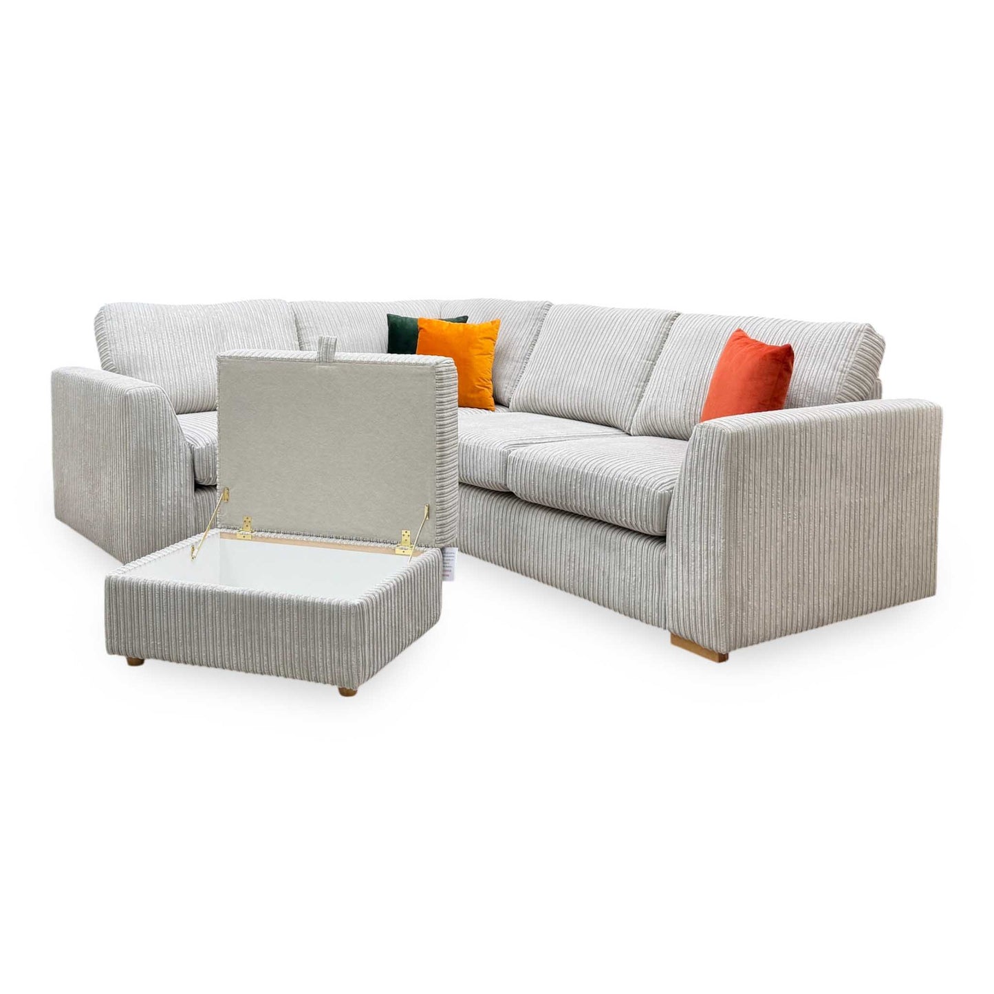 ‘Heydon’ Silver Marley Cord Fabric Right Hand Facing 2 Seater Corner Sofa + Storage Footstool