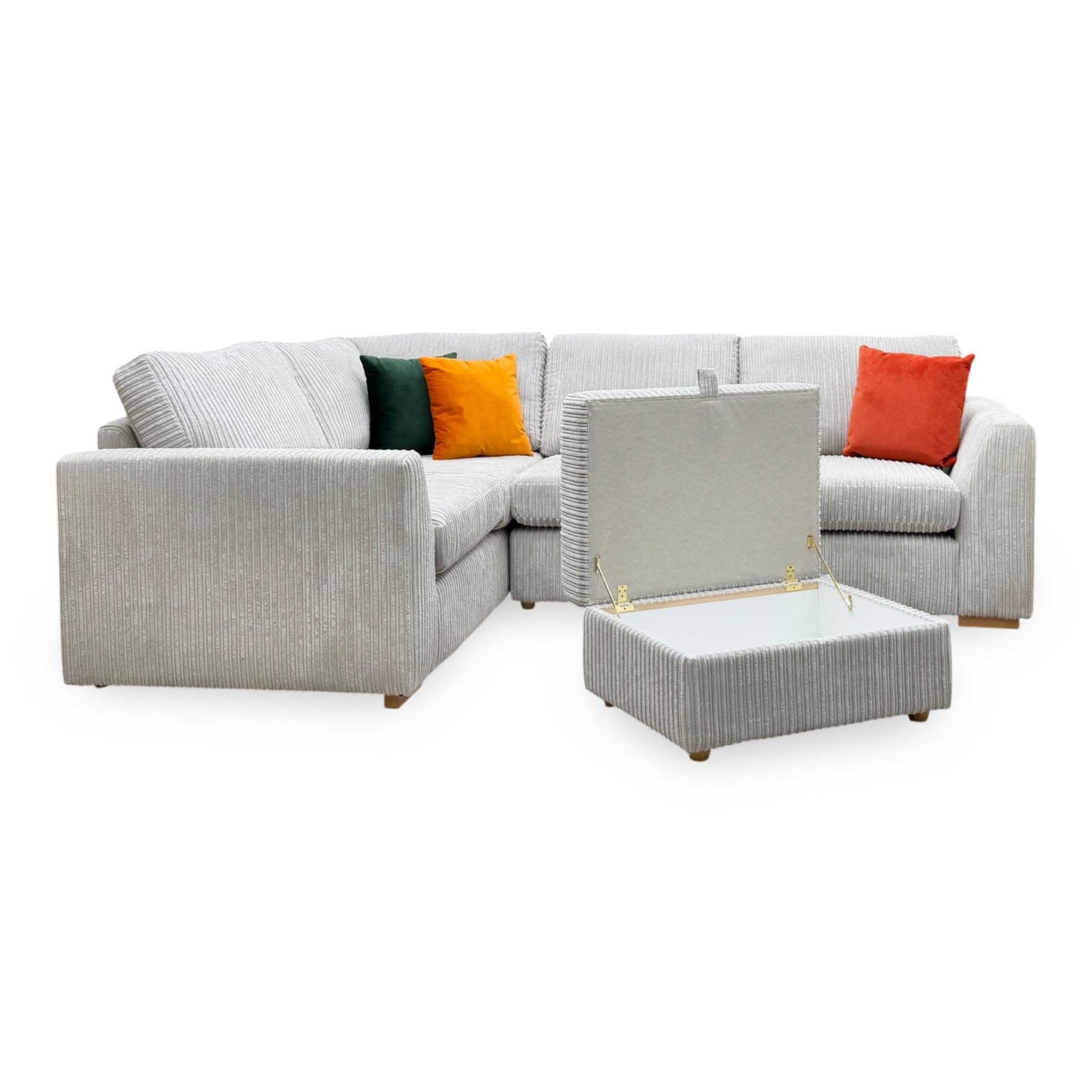 ‘Heydon’ Silver Marley Cord Fabric Right Hand Facing 2 Seater Corner Sofa + Storage Footstool