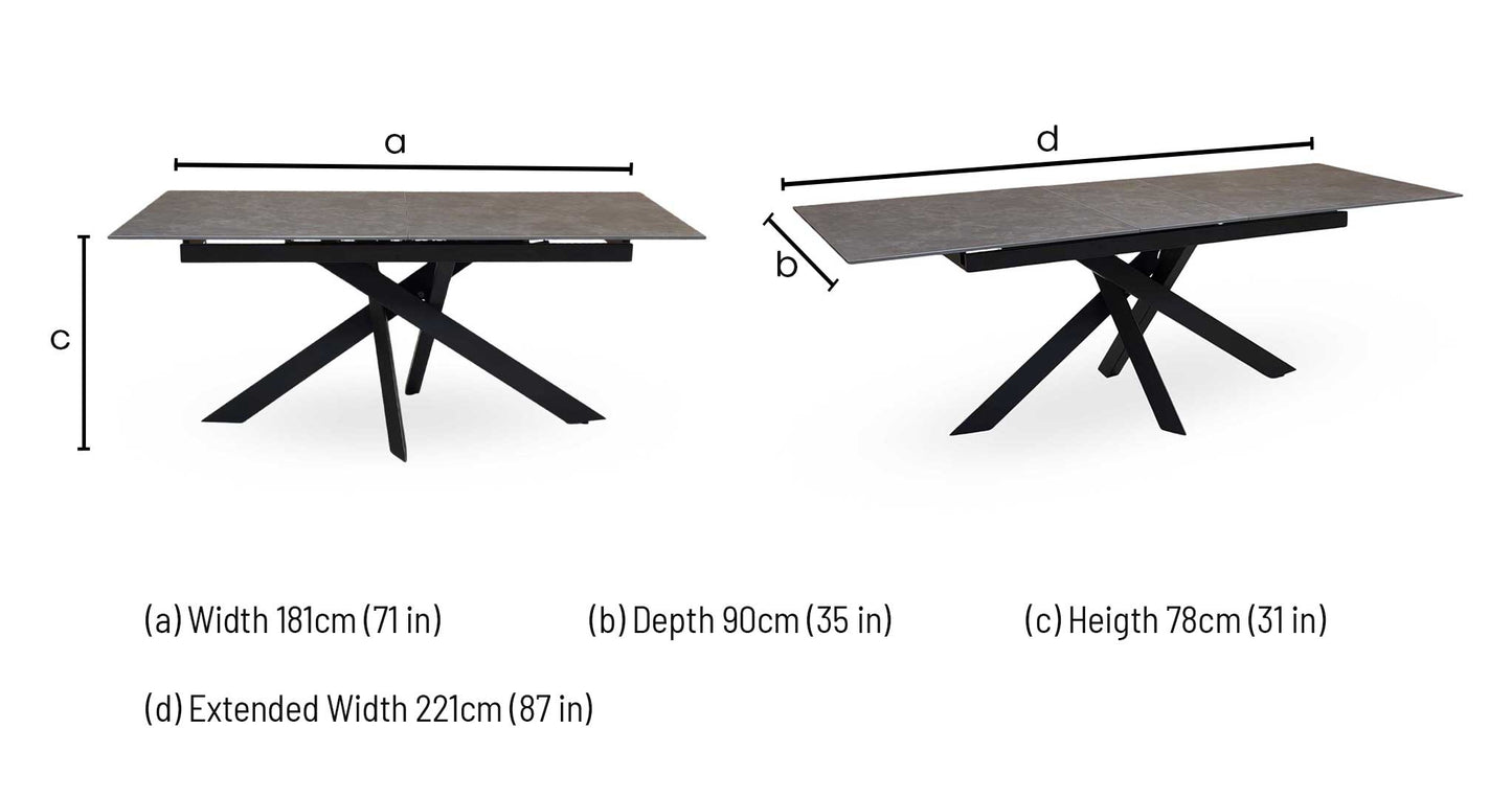 'Warrior' Grey Sintered Stone 180cm Extending Dining Table
