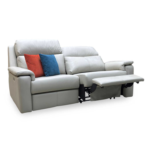 G Plan ‘Thornbury’ Light Grey Leather 3 Seater Power Recliner Sofa with Power Headrests and Power Lumbar