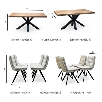 Bodahl 'Njord' 4 Desert Solid Oak Straight Top 160cm Metal Star Base Dining Table with Sand Beige Fabric Set of 4 Swivel Dining Chairs