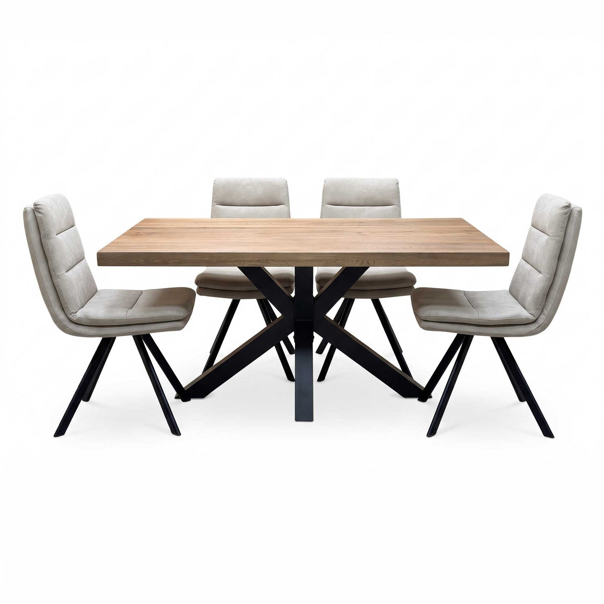 Bodahl 'Njord' 4 Desert Solid Oak Straight Top 160cm Metal Star Base Dining Table with Sand Beige Fabric Set of 4 Swivel Dining Chairs