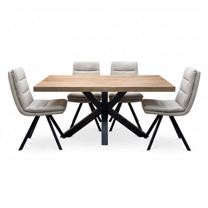 Bodahl 'Njord' 4 Desert Solid Oak Straight Top 160cm Metal Star Base Dining Table with Sand Beige Fabric Set of 4 Swivel Dining Chairs