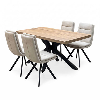 Bodahl 'Njord' 4 Desert Solid Oak Straight Top 160cm Metal Star Base Dining Table with Sand Beige Fabric Set of 4 Swivel Dining Chairs