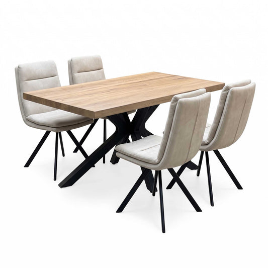 Bodahl 'Njord' 4 Desert Solid Oak Straight Top 160cm Metal Star Base Dining Table with Sand Beige Fabric Set of 4 Swivel Dining Chairs