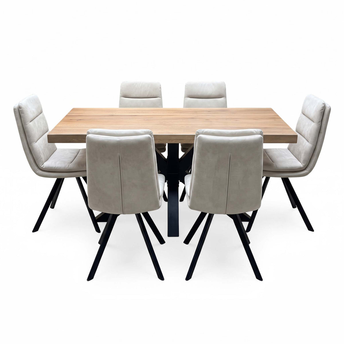 Bodahl 'Njord' 4 Desert Solid Oak Straight Top 160cm Metal Star Base Dining Table with Sand Beige Fabric Set of 6 Swivel Dining Chairs