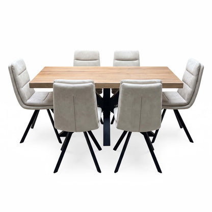 Bodahl 'Njord' 4 Desert Solid Oak Straight Top 160cm Metal Star Base Dining Table with Sand Beige Fabric Set of 6 Swivel Dining Chairs
