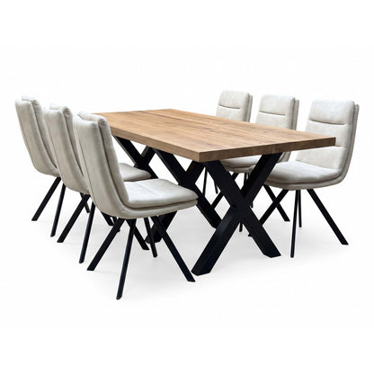Bodahl 'Njord' 4 Desert Solid Oak Straight Top 160cm Metal Star Base Dining Table with Sand Beige Fabric Set of 6 Swivel Dining Chairs