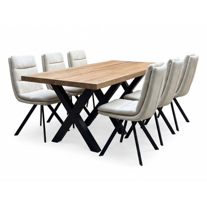 Bodahl 'Njord' 4 Desert Solid Oak Straight Top 160cm Metal Star Base Dining Table with Sand Beige Fabric Set of 6 Swivel Dining Chairs