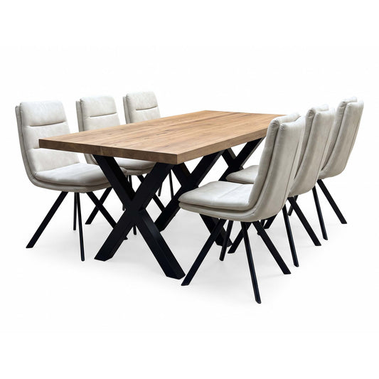 Bodahl 'Njord' 4 Desert Solid Oak Straight Top 160cm Metal Star Base Dining Table with Sand Beige Fabric Set of 6 Swivel Dining Chairs
