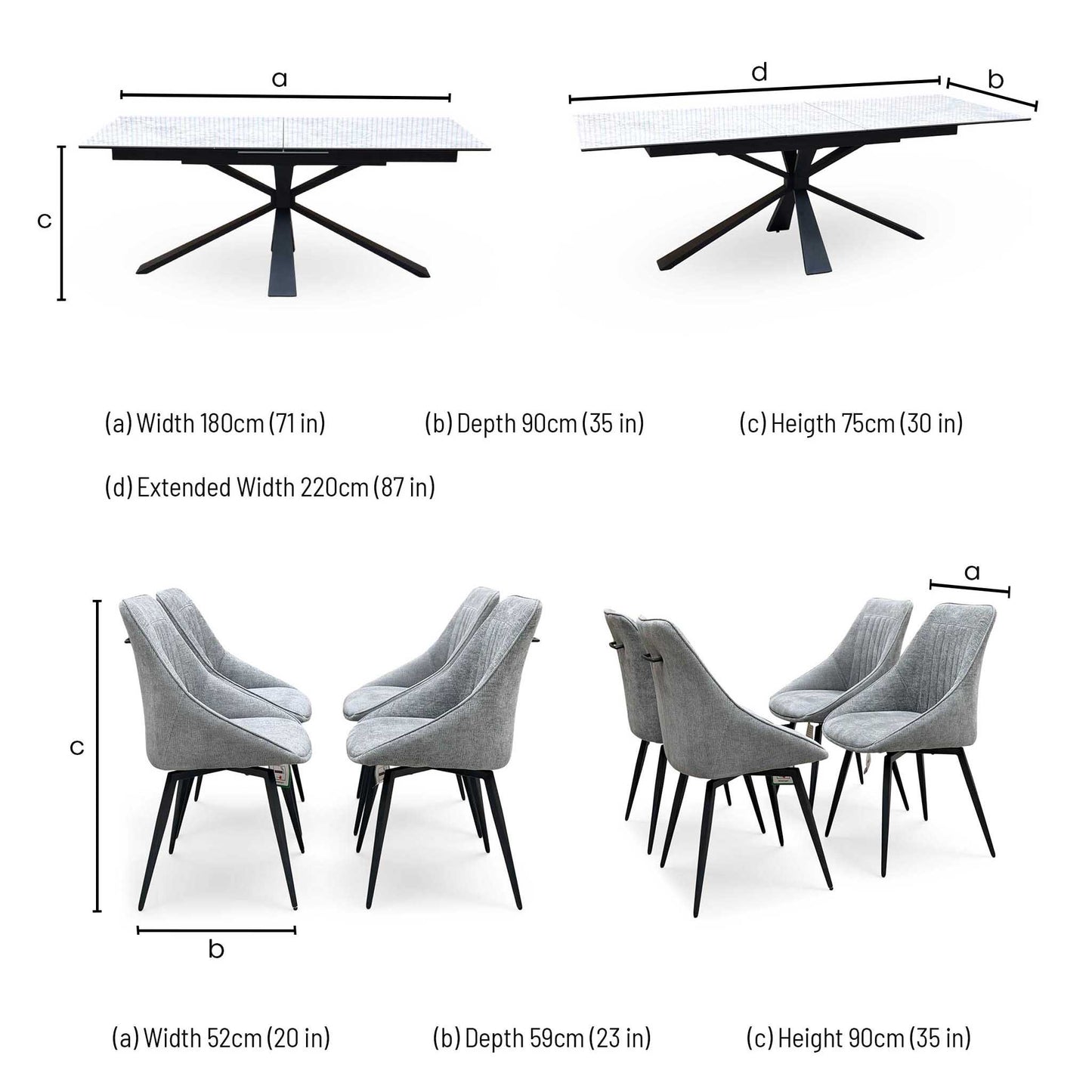 'Crete' Ceramic Top 180cm Large Extending Dining Table with Dark Grey Fabric Swivel Dining Chairs - Set of 4