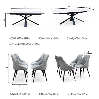 'Crete' Ceramic Top 180cm Large Extending Dining Table with Dark Grey Fabric Swivel Dining Chairs - Set of 4