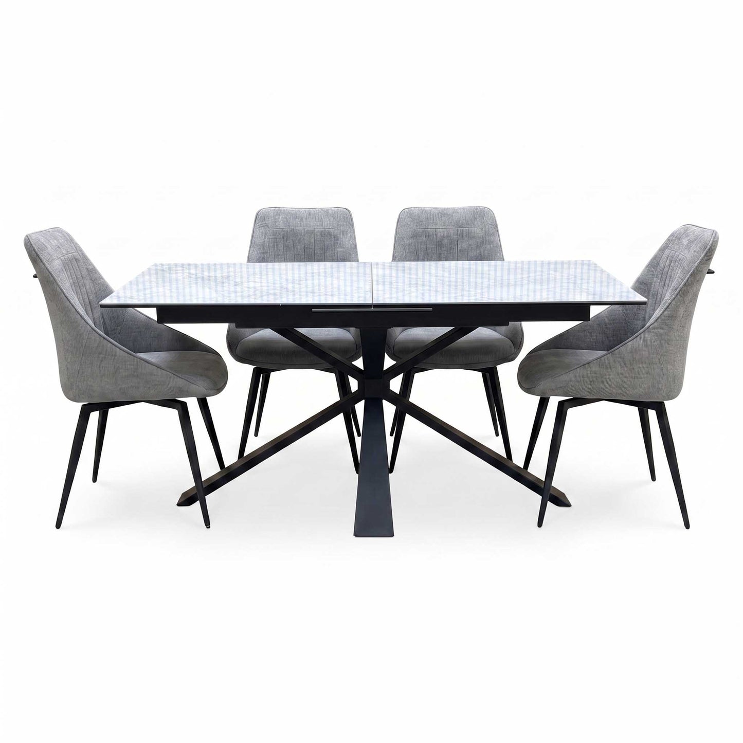 'Crete' Ceramic Top 180cm Large Extending Dining Table with Dark Grey Fabric Swivel Dining Chairs - Set of 4