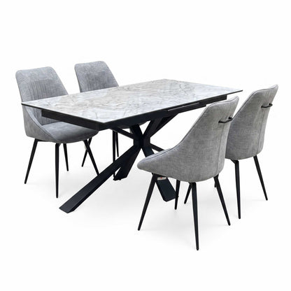 'Crete' Ceramic Top 180cm Large Extending Dining Table with Dark Grey Fabric Swivel Dining Chairs - Set of 4