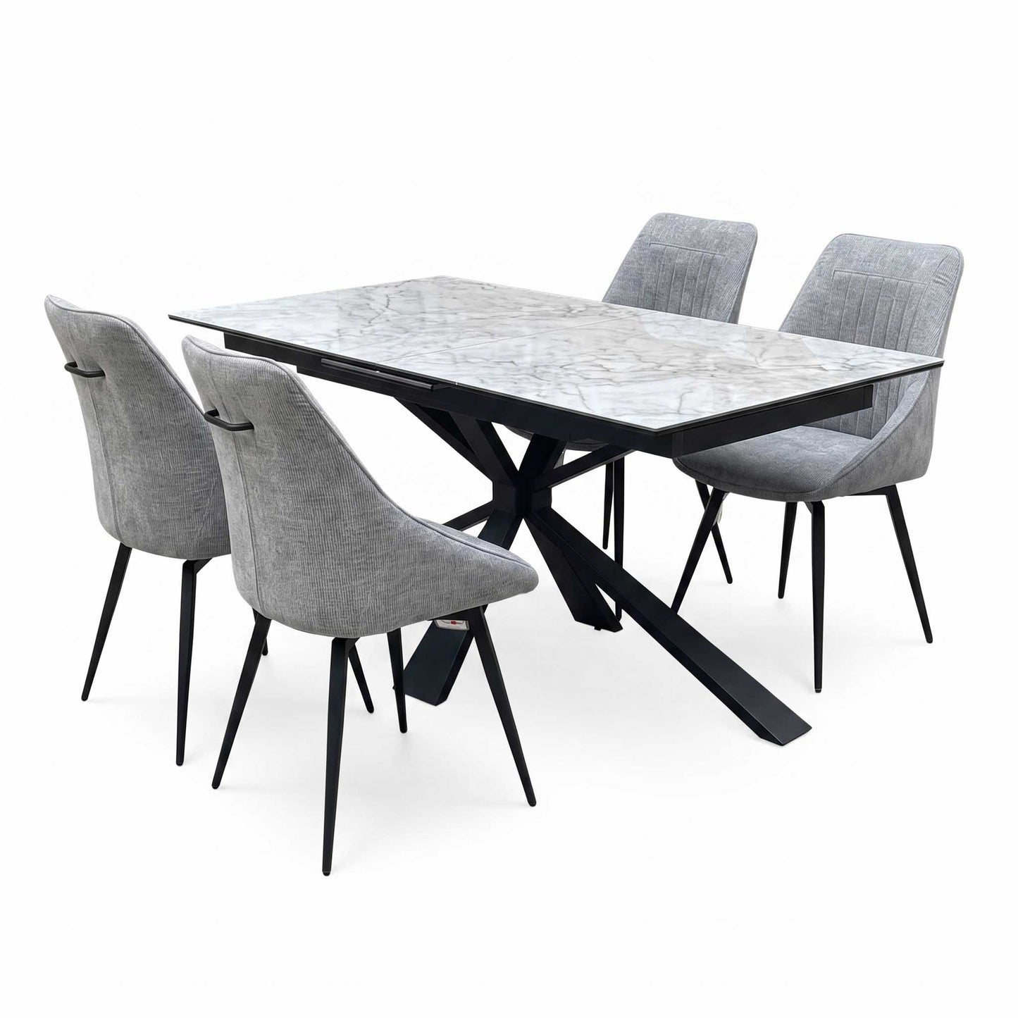 'Crete' Ceramic Top 180cm Large Extending Dining Table with Dark Grey Fabric Swivel Dining Chairs - Set of 4