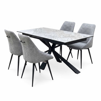 'Crete' Ceramic Top 180cm Large Extending Dining Table with Dark Grey Fabric Swivel Dining Chairs - Set of 4