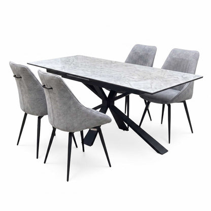 'Crete' Ceramic Top 180cm Large Extending Dining Table with Dark Grey Fabric Swivel Dining Chairs - Set of 4