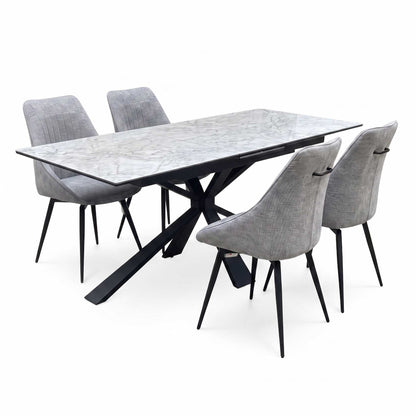 'Crete' Ceramic Top 180cm Large Extending Dining Table with Dark Grey Fabric Swivel Dining Chairs - Set of 4
