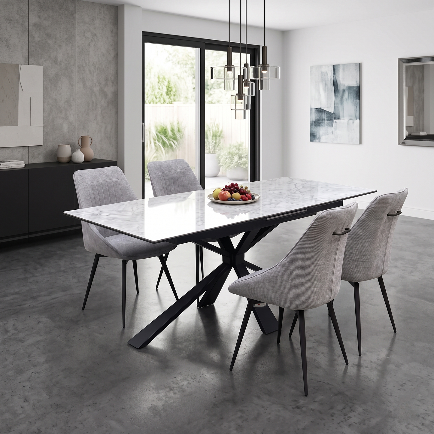 'Crete' Ceramic Top 180cm Large Extending Dining Table with Dark Grey Fabric Swivel Dining Chairs - Set of 4