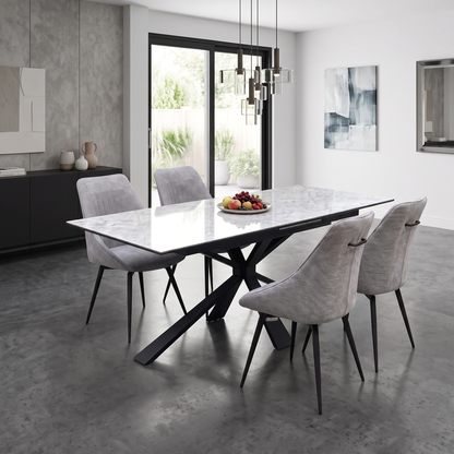 'Crete' Ceramic Top 180cm Large Extending Dining Table with Dark Grey Fabric Swivel Dining Chairs - Set of 4
