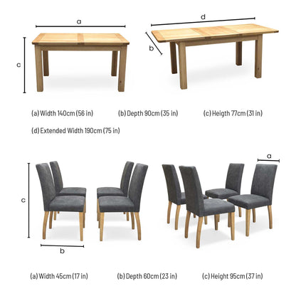 Furnitureland ‘Augusta’ Solid Oak Small Rectangular Extending Dining Table with Grey Cowboy Upholstered Dining Chairs - Set of 4