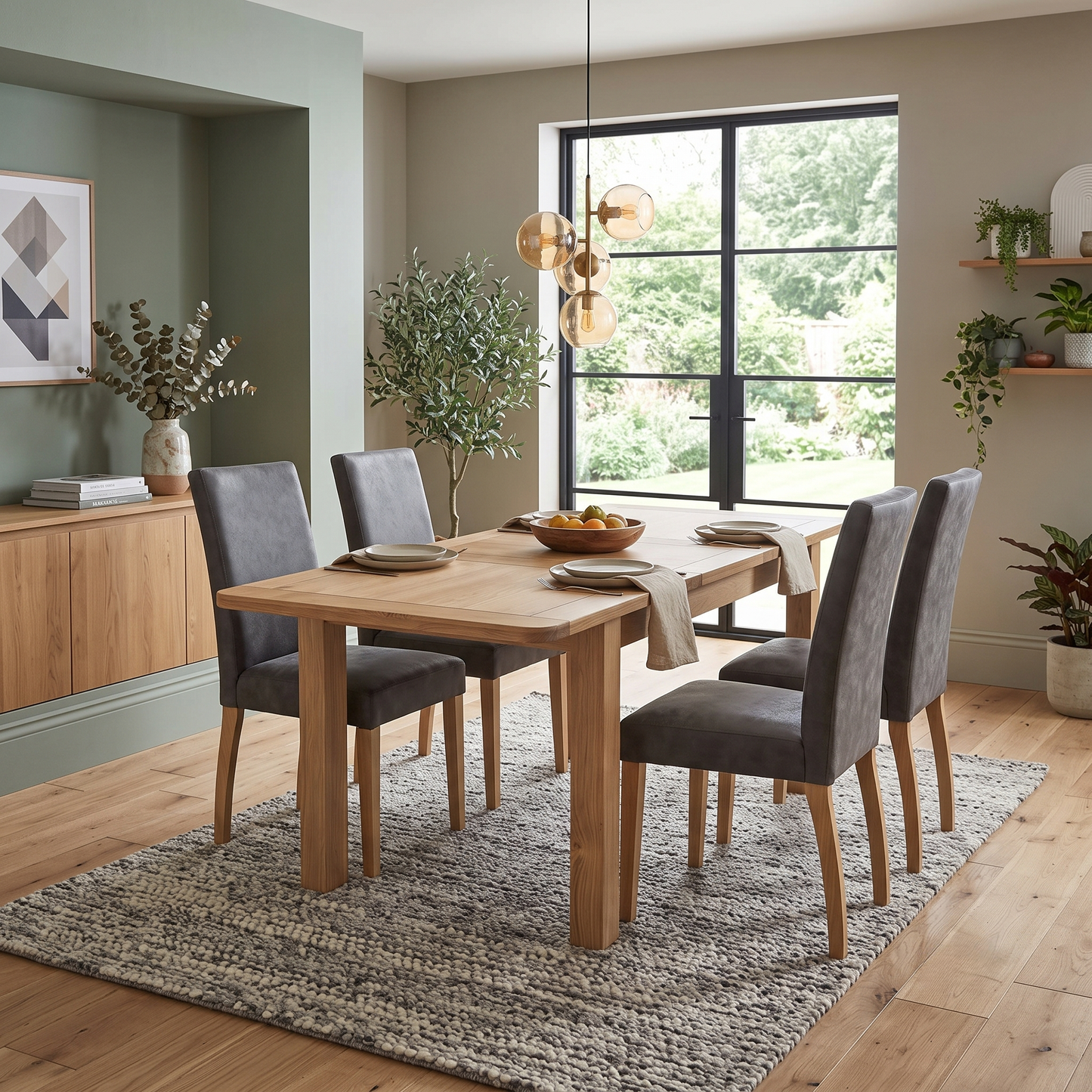 Furnitureland ‘Augusta’ Solid Oak Small Rectangular Extending Dining Table with Grey Cowboy Upholstered Dining Chairs - Set of 4
