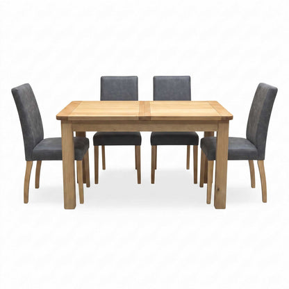Furnitureland ‘Augusta’ Solid Oak Small Rectangular Extending Dining Table with Grey Cowboy Upholstered Dining Chairs - Set of 4